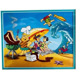 The Flintstones "Beach Picnic" Cartoon Beach Scene Art Framed Print